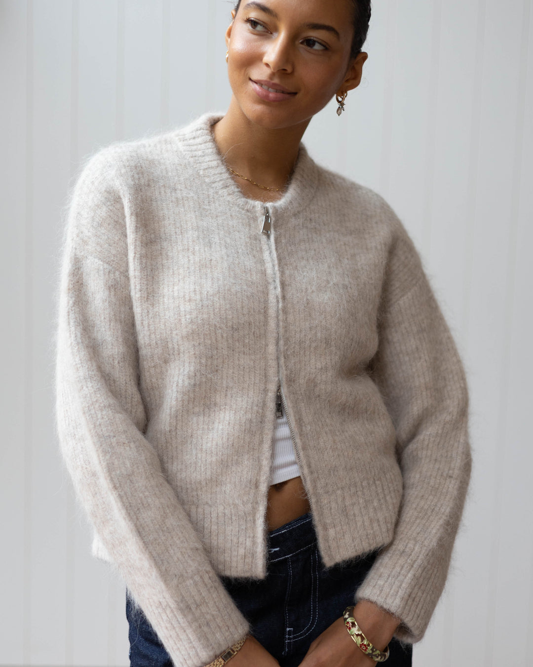 Bomber à double zip - Beige