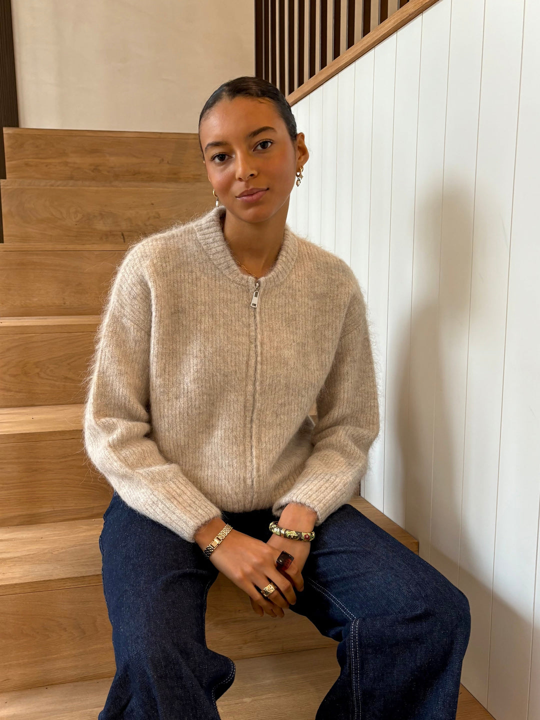Bomber à double zip - Beige